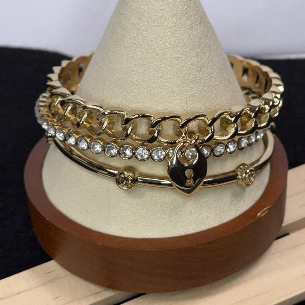 Graziano Gold Tone Bangle Bracelets Lot of 3 Rhinestones Open Link Lock Sz 8.5" - Picture 3 of 9